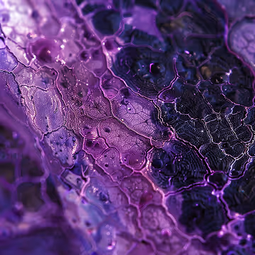 Close-up of a textured surface with purple and pink hexagonal patterns resembling cracked ice or a cellular structure.